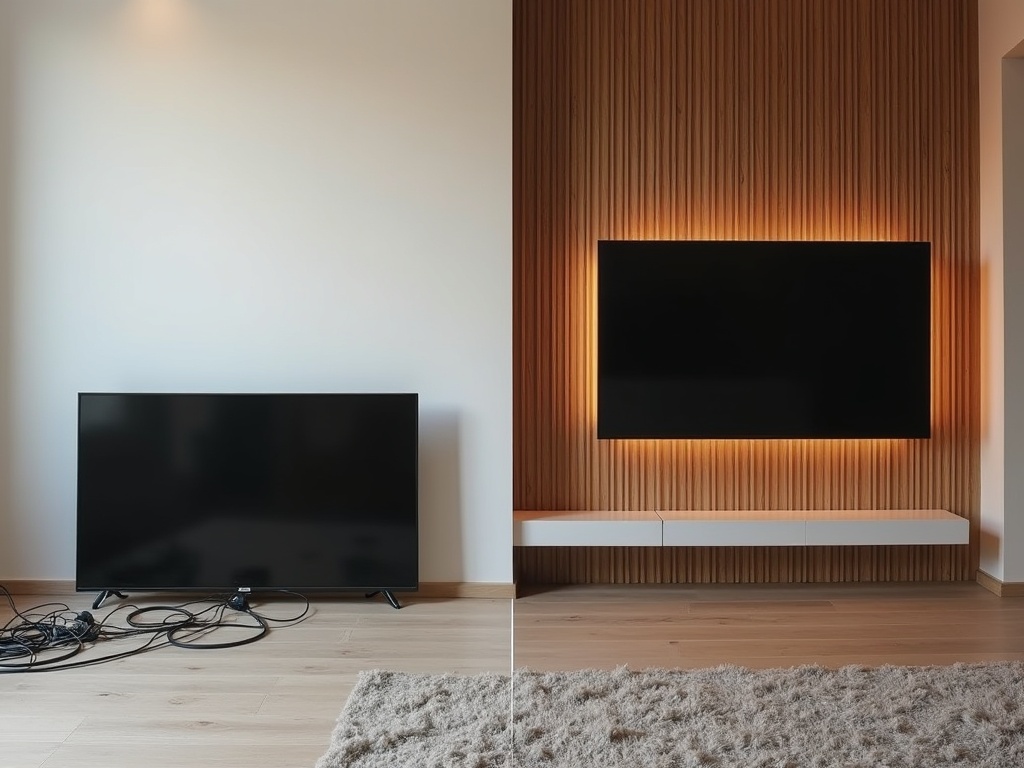 Antes e depois: TV instalada em painel com cabos ocultos